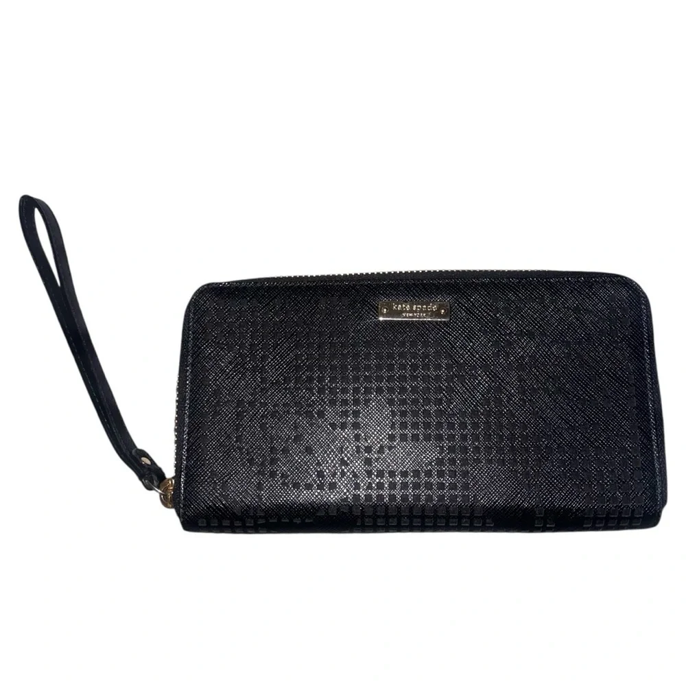 EUC Kate Spade Black Floral Cutout Wristlet Zip Around Long Wallet Clutch Gold